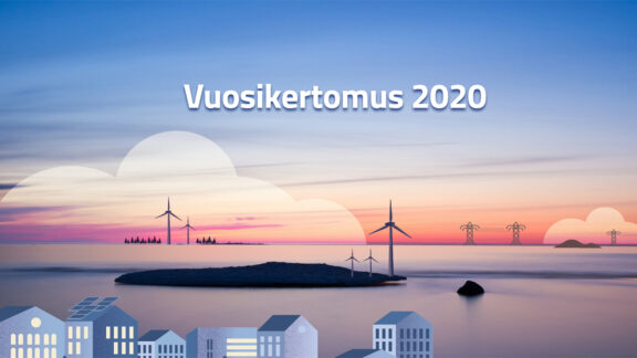 Merimaisema, jonka edustalle on kuvitettu kerrostaloja ja kauempana oleville saarille tuulivoimaloita sekä voimajohtopylväitä. Kuvan yläosassa lukee “vuosikertomus 2020”.