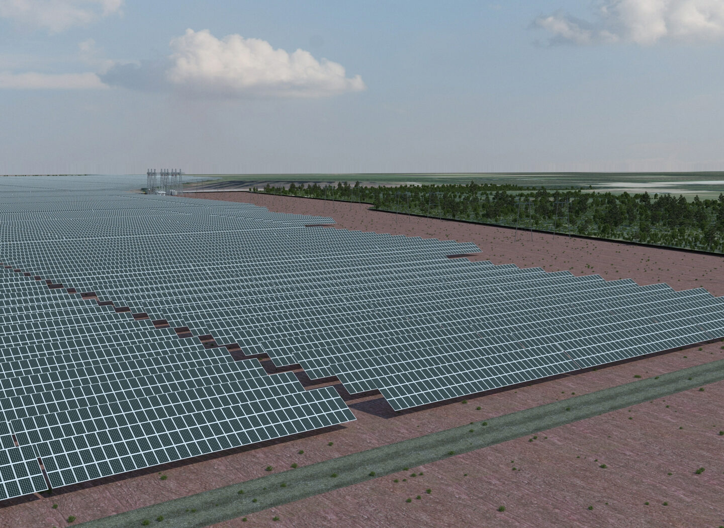 3D-visualisointi Lapuan Heininevan aurinkovoimapuistosta. Entiselle turvetuotantoalueelle on asetettu noin 200 000 aurinkopaneelia.