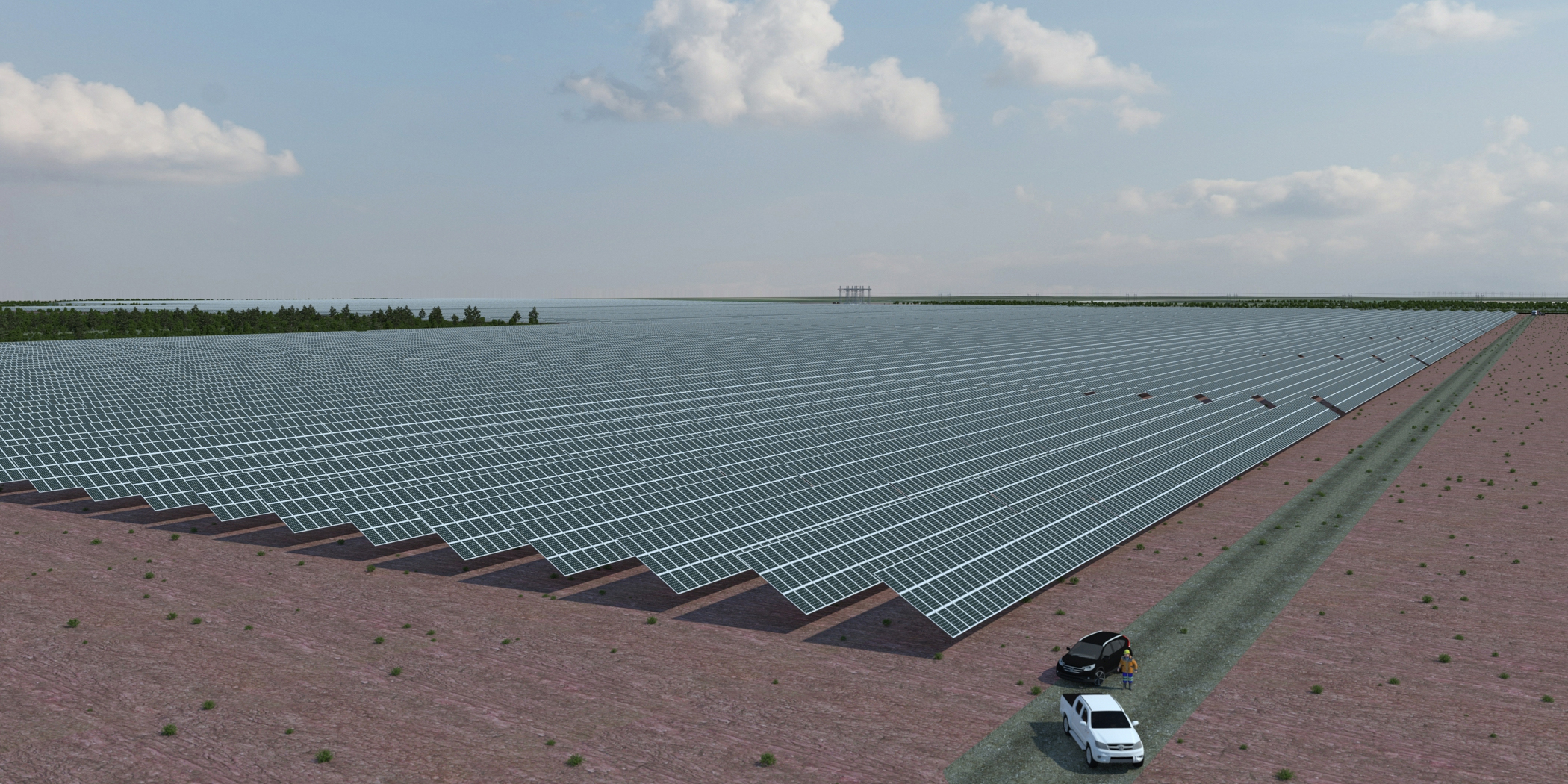 3D-visualisointi Lapuan Heininevan aurinkovoimapuistosta. Entiselle turvetuotantoalueelle on asetettu noin 200 000 aurinkopaneelia.